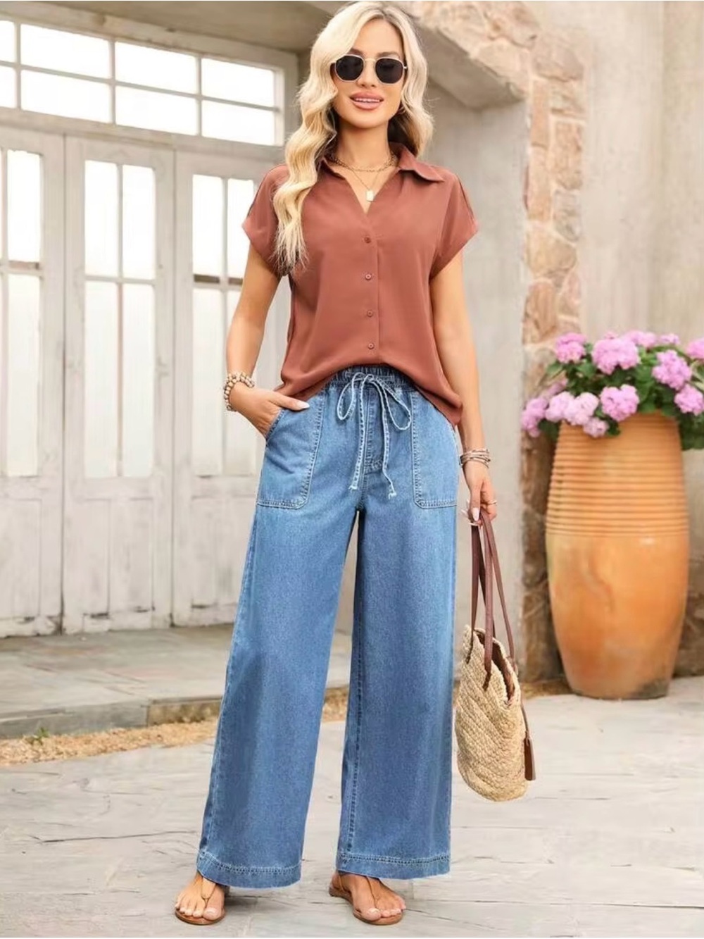 Wide Leg Drawstring Denim Pants - Blue